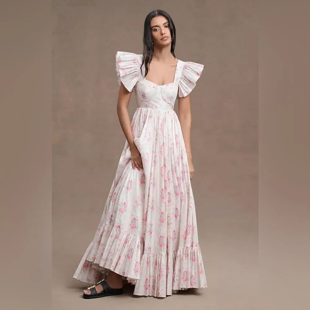 Maison Amory French Chateau Floral Flutter-Sleeve Gown